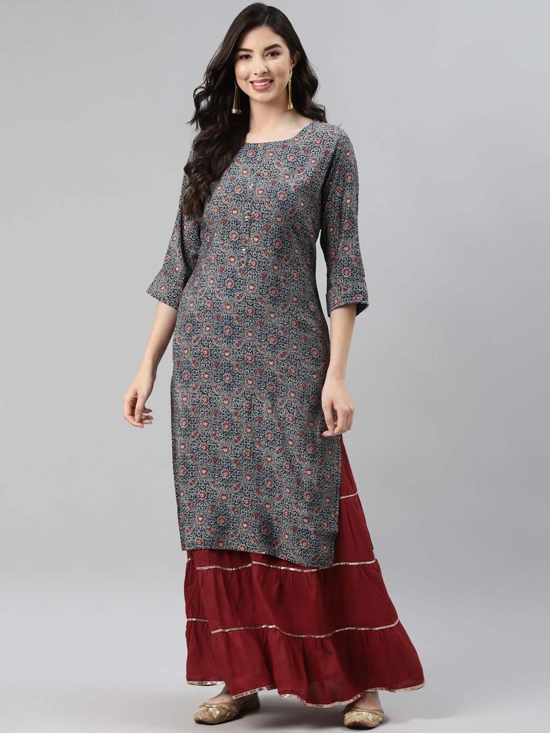 

BAESD Floral Printed Round Neck Cotton Straight Kurta, Grey