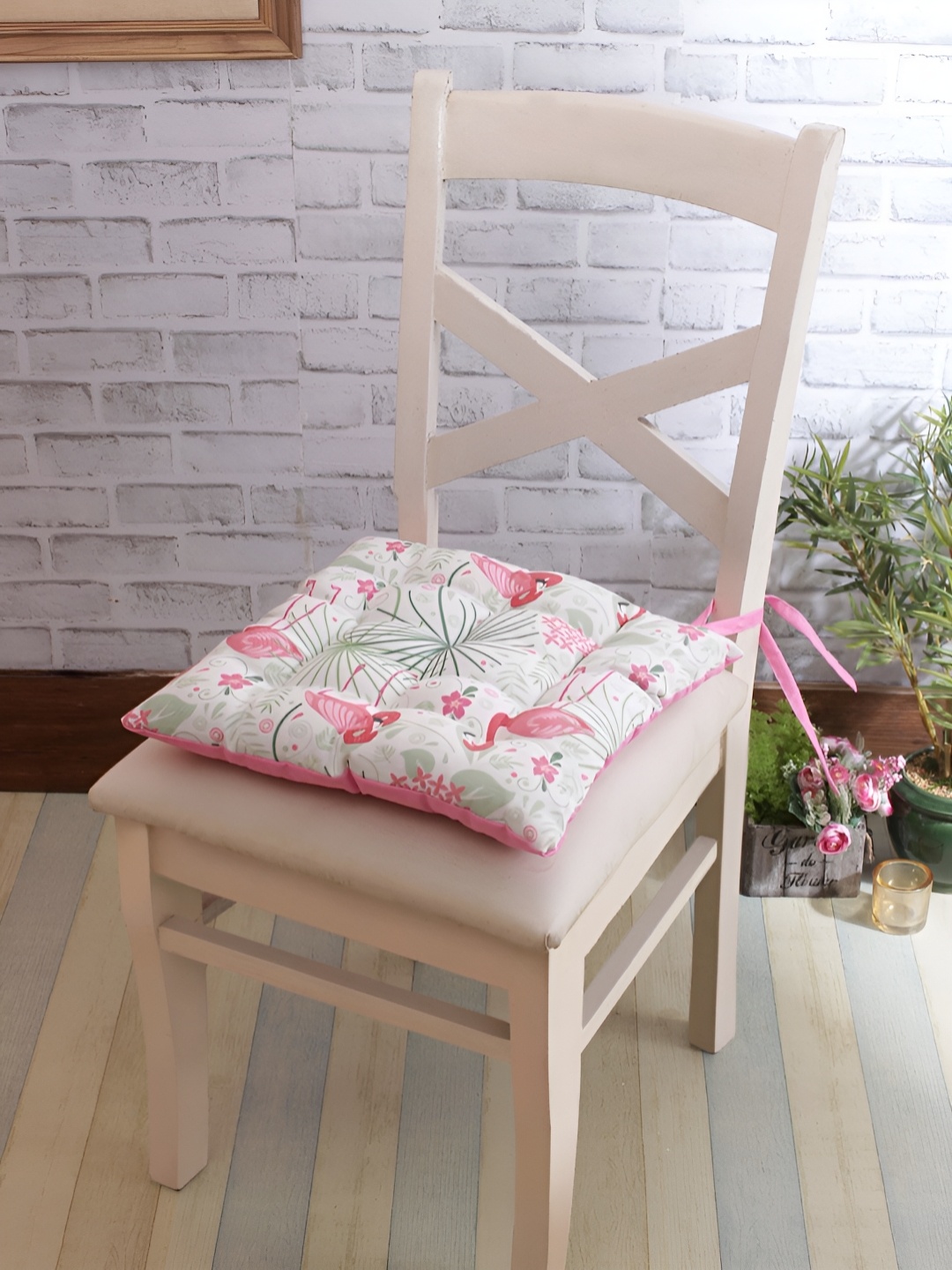 

ROMEE White & Pink 2 Pieces Printed Chair Pad Cushion, Off white