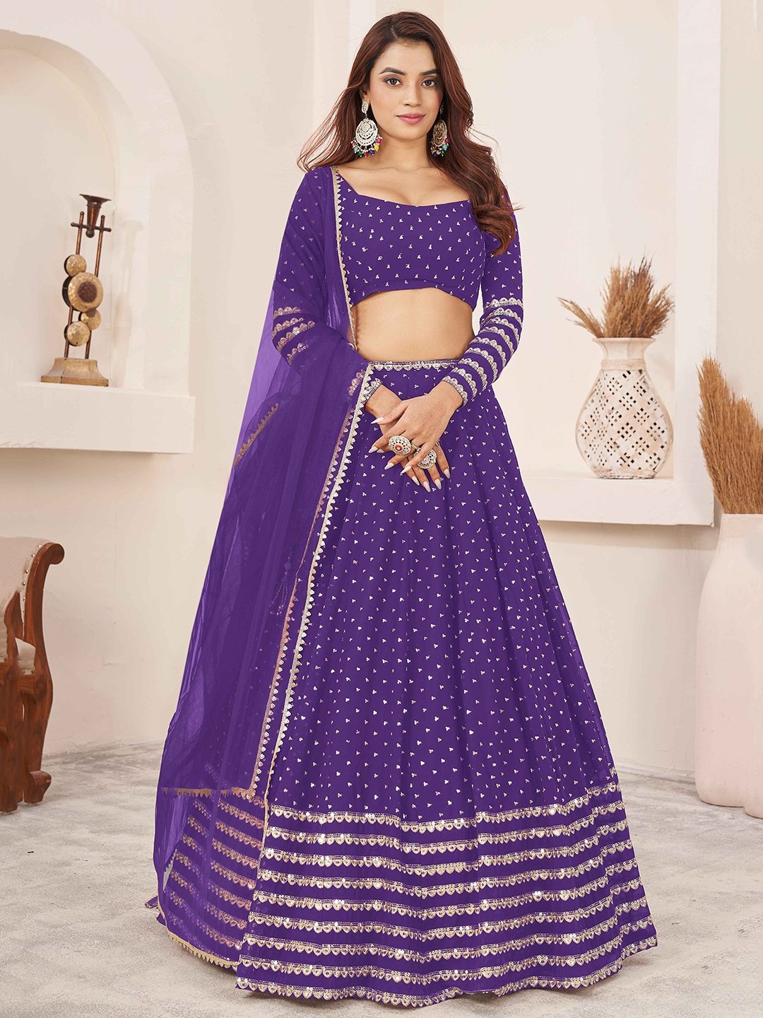 

FABPIXEL Embroidered Sequinned Semi-Stitched Lehenga & Unstitched Blouse With Dupatta, Violet