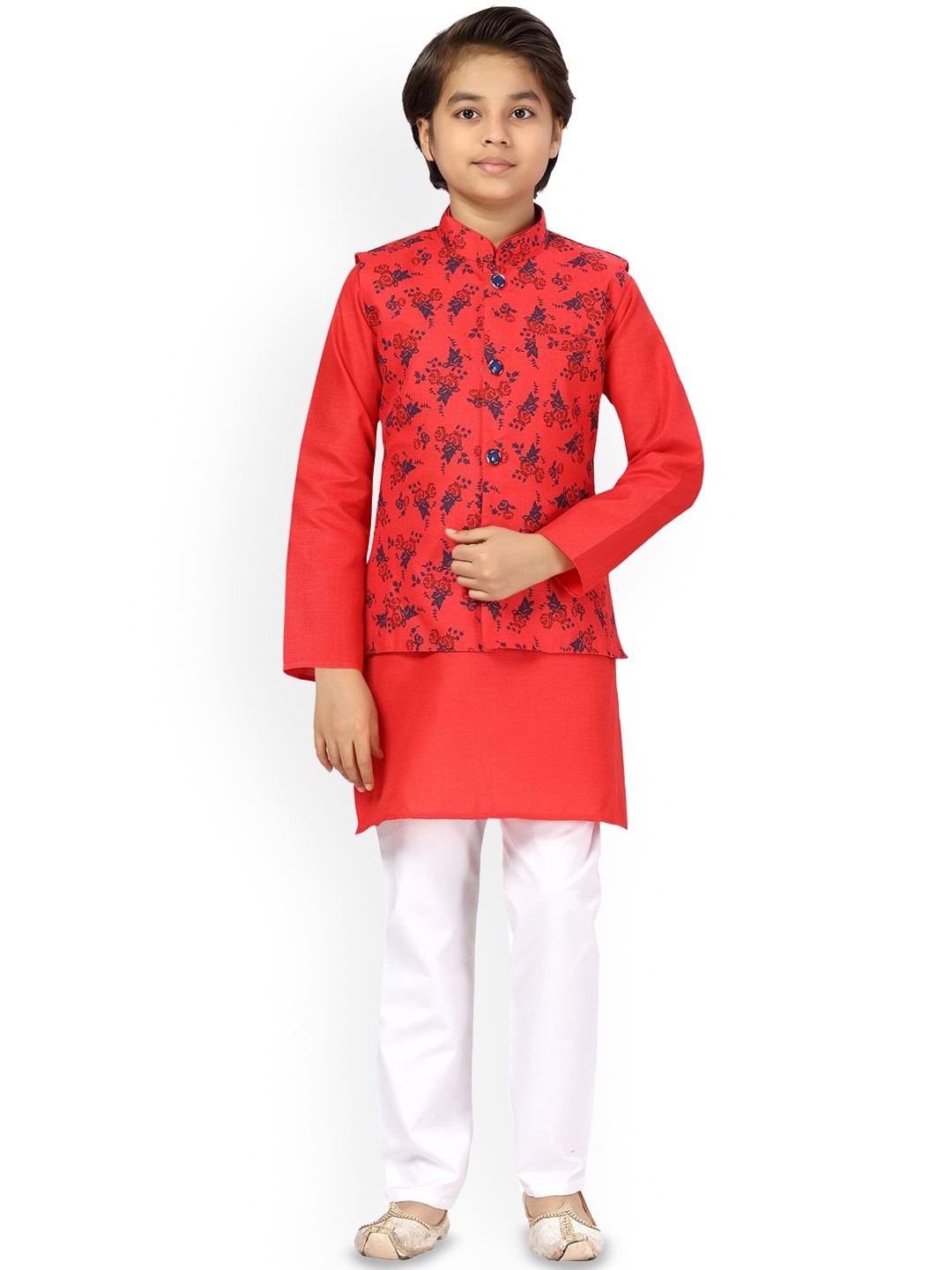 

BAESD Boys Mandarin Collar Pure Cotton Kurta with Trousers & Waistcoat, Red