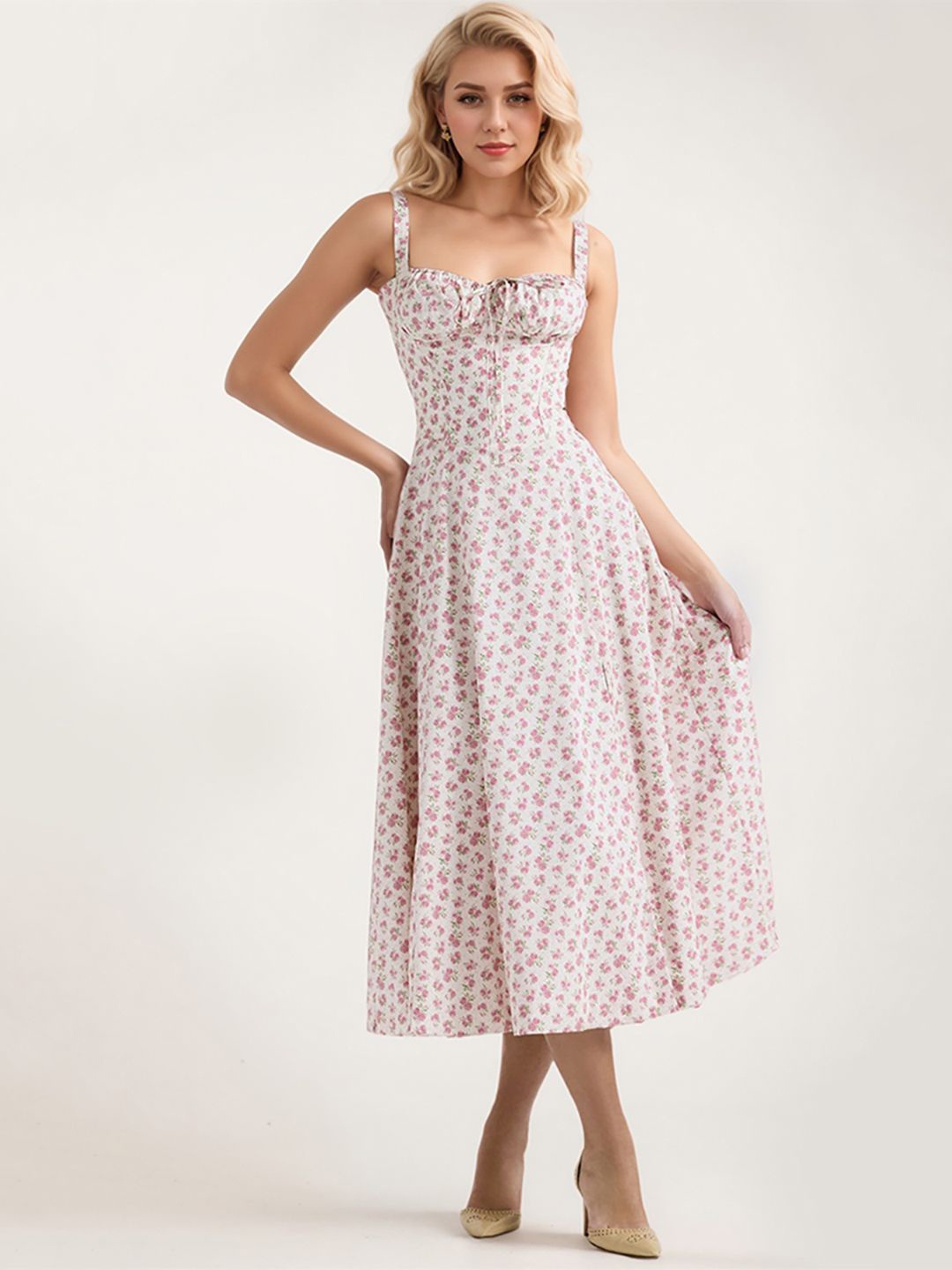

JC Mode Floral Print Fit & Flare Midi Dress, Pink