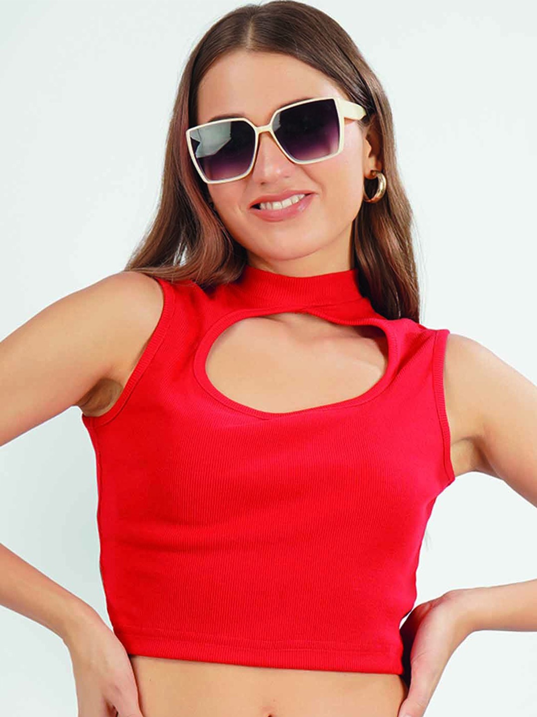 

BAESD Women Solid High Neck Cotton Top, Red