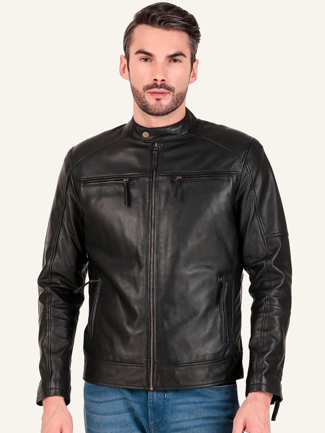 

Leather Retail Men Solid Leather Biker Jacket, Black