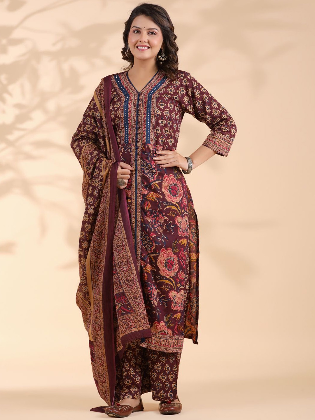 

Vbuyz Floral Printed Regular Sequinned Pure Cotton Kurta With Palazzos & Dupatta, Purple