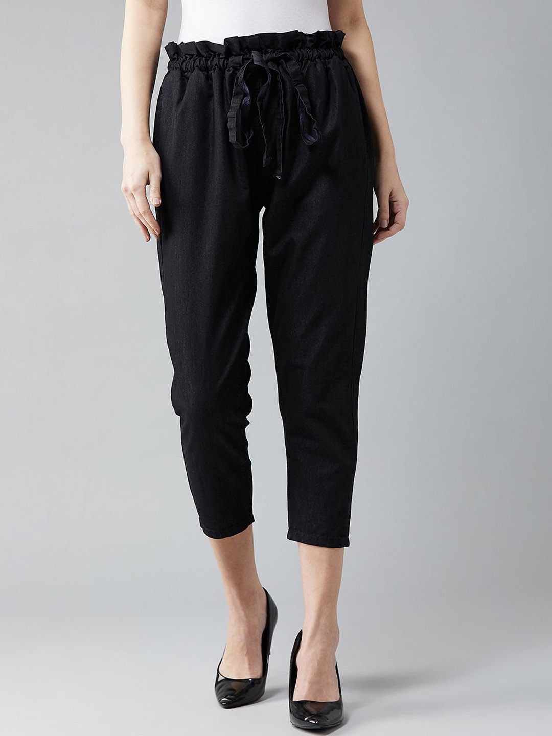 

DOLCE CRUDO Women Lightweight High Rise Ankle length Stretchable Denim Paper Bag Pants, Black