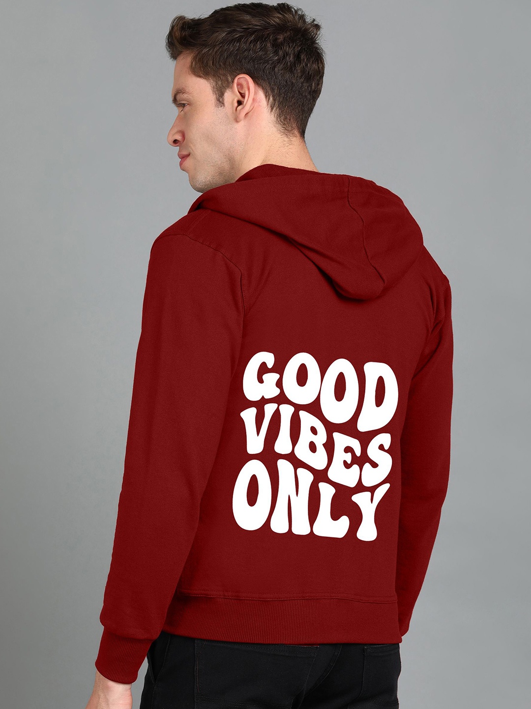 

FALTU.CO Men Typography Printed Zip Detail Hooded Sweatshirt, Maroon