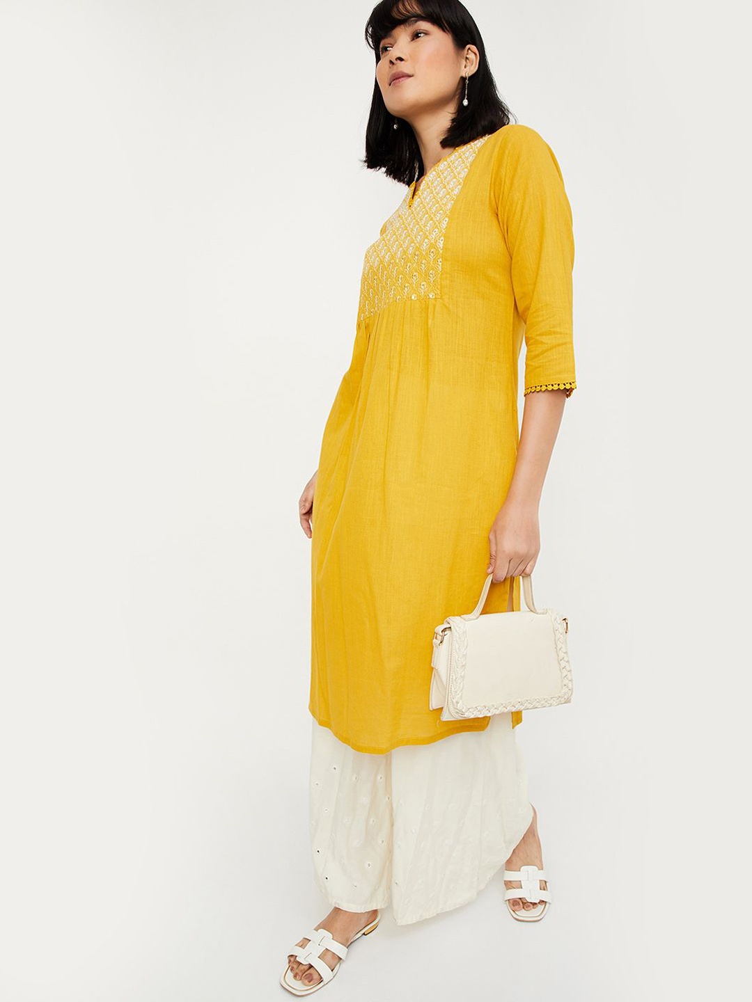 

max Geometric Yoke Design Thread Work Straight Kurta, Yellow