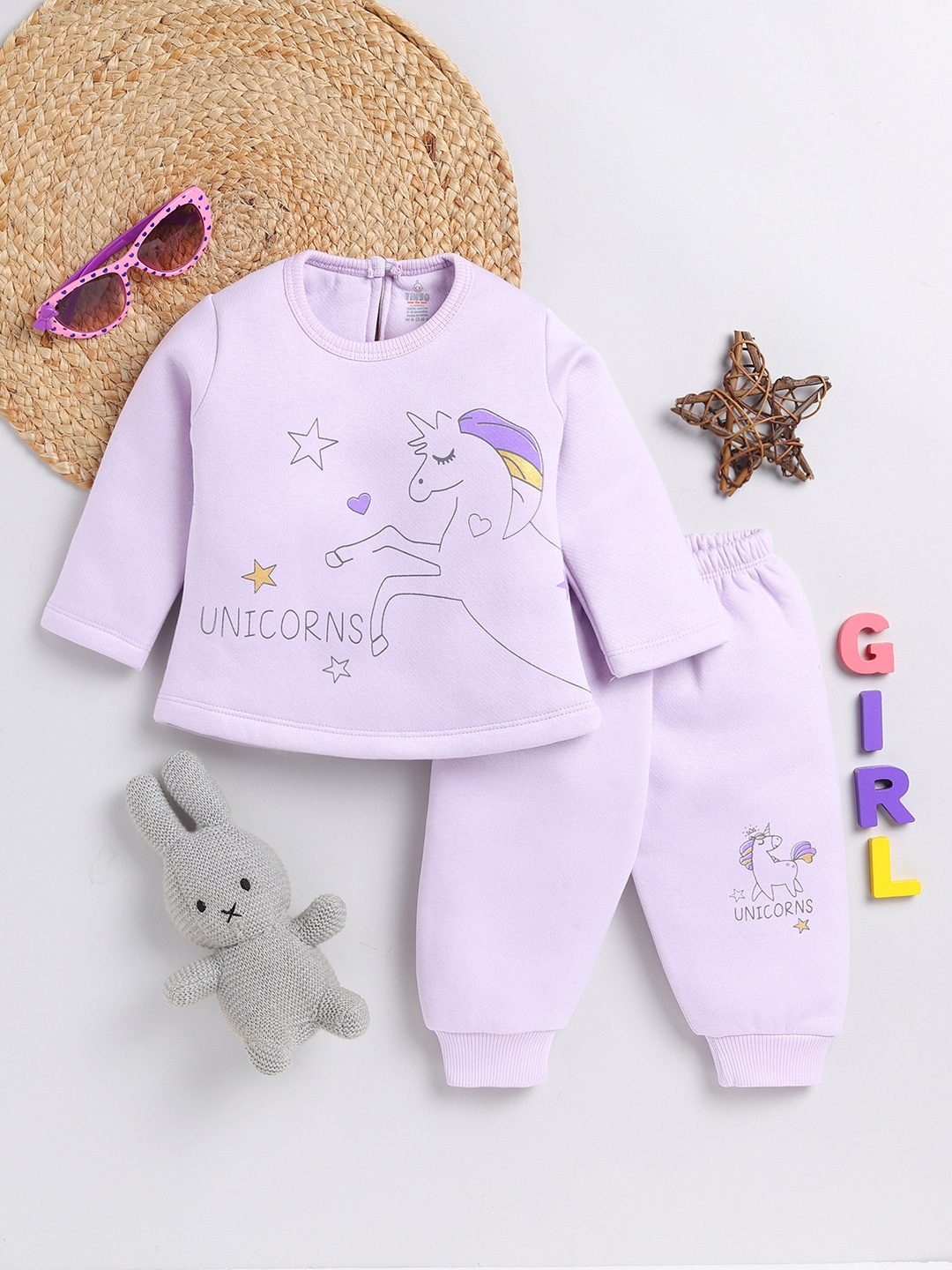 

YK X Tinyo Infant Girls Pure Cotton Printed T-shirt & Joggers, Lavender