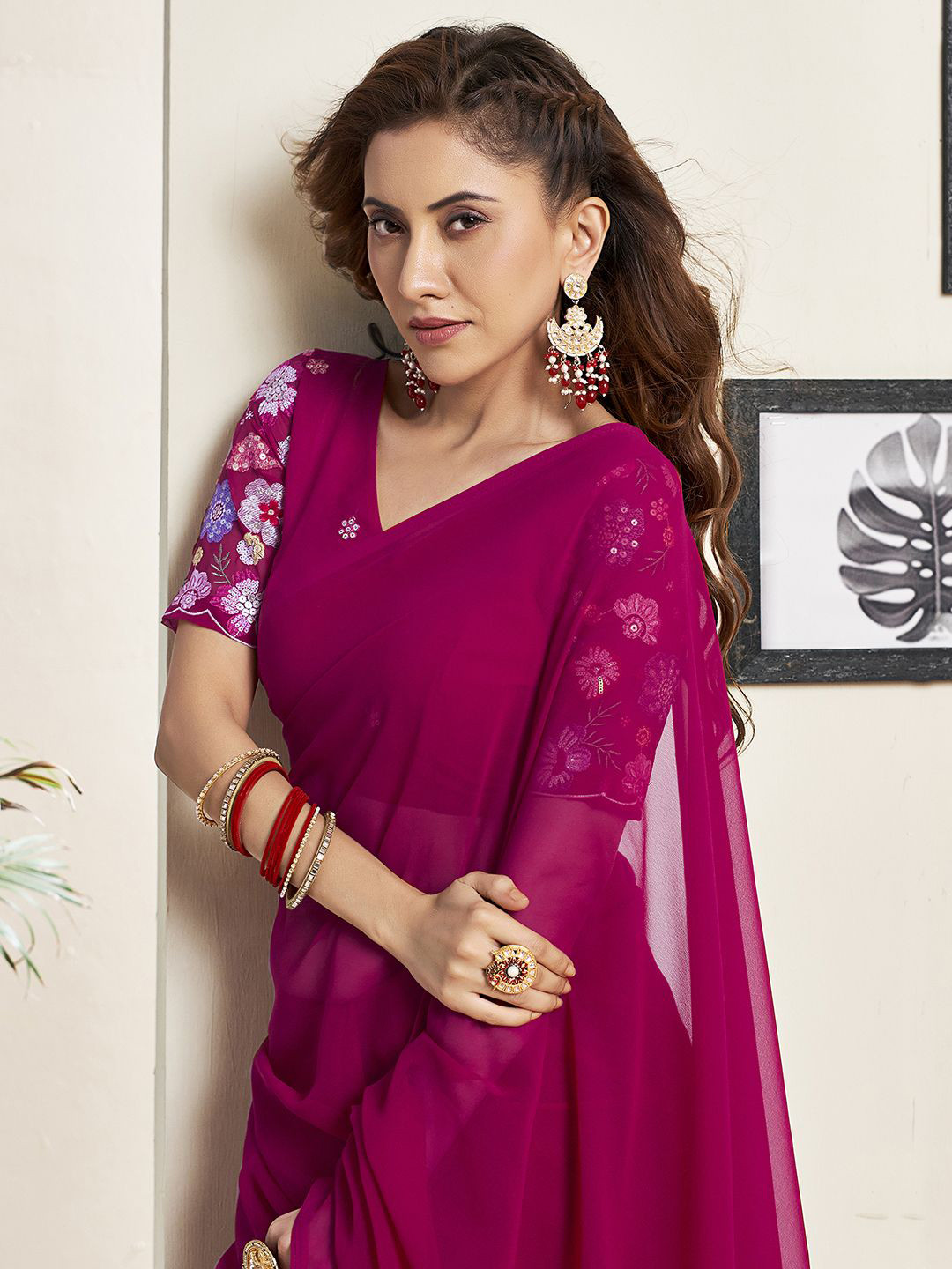 

all about you Solid Pure Georgette Saree, Magenta