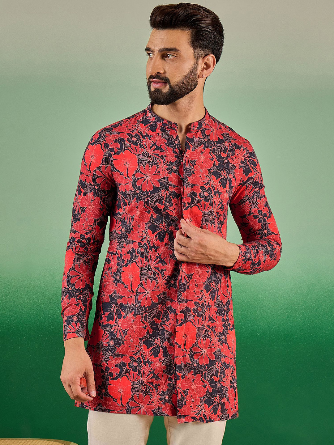 

Sangria Floral Printed Mandarin Collar Pure Cotton Straight Kurta, Red