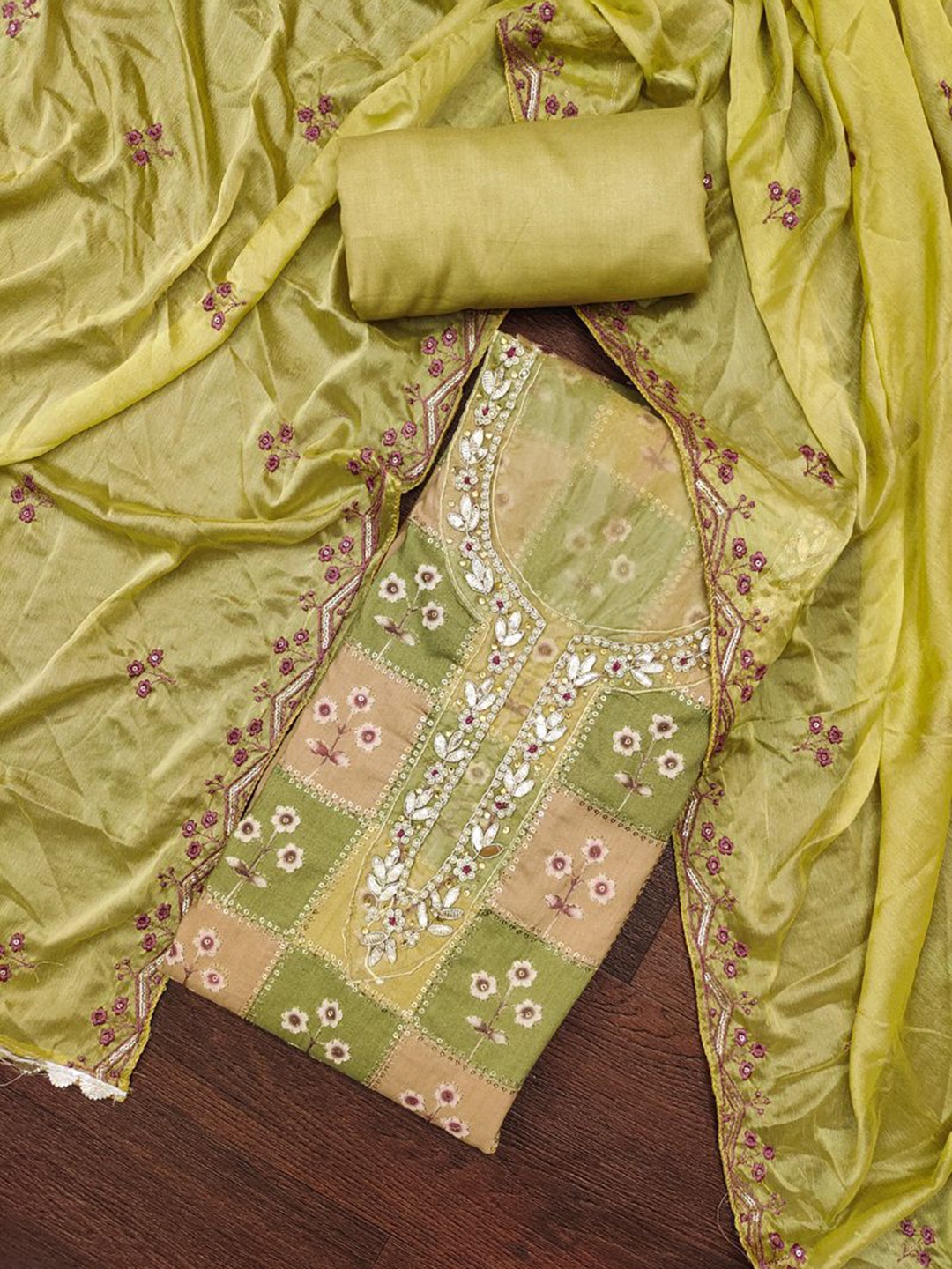 

ASISA Ethnic Motifs Embroidered Beads and Stones Pure Cotton Unstitched Dress Material, Olive