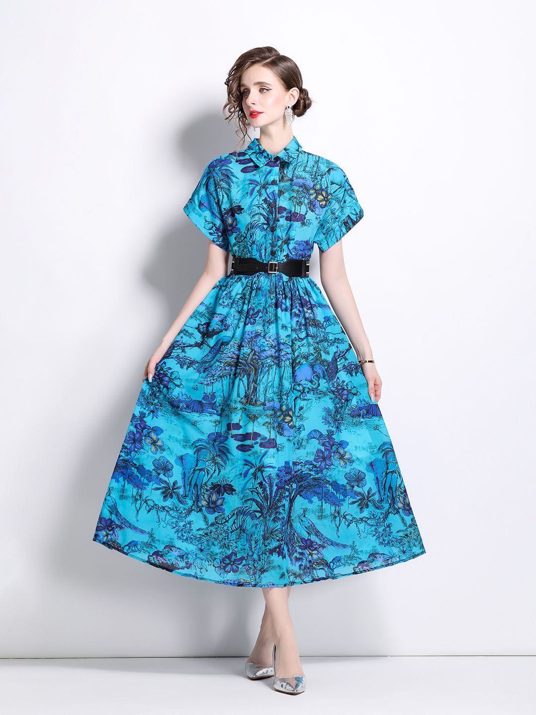 

JC Collection Shirt Collar Floral Printed Maxi Dress Come With Belt, Blue