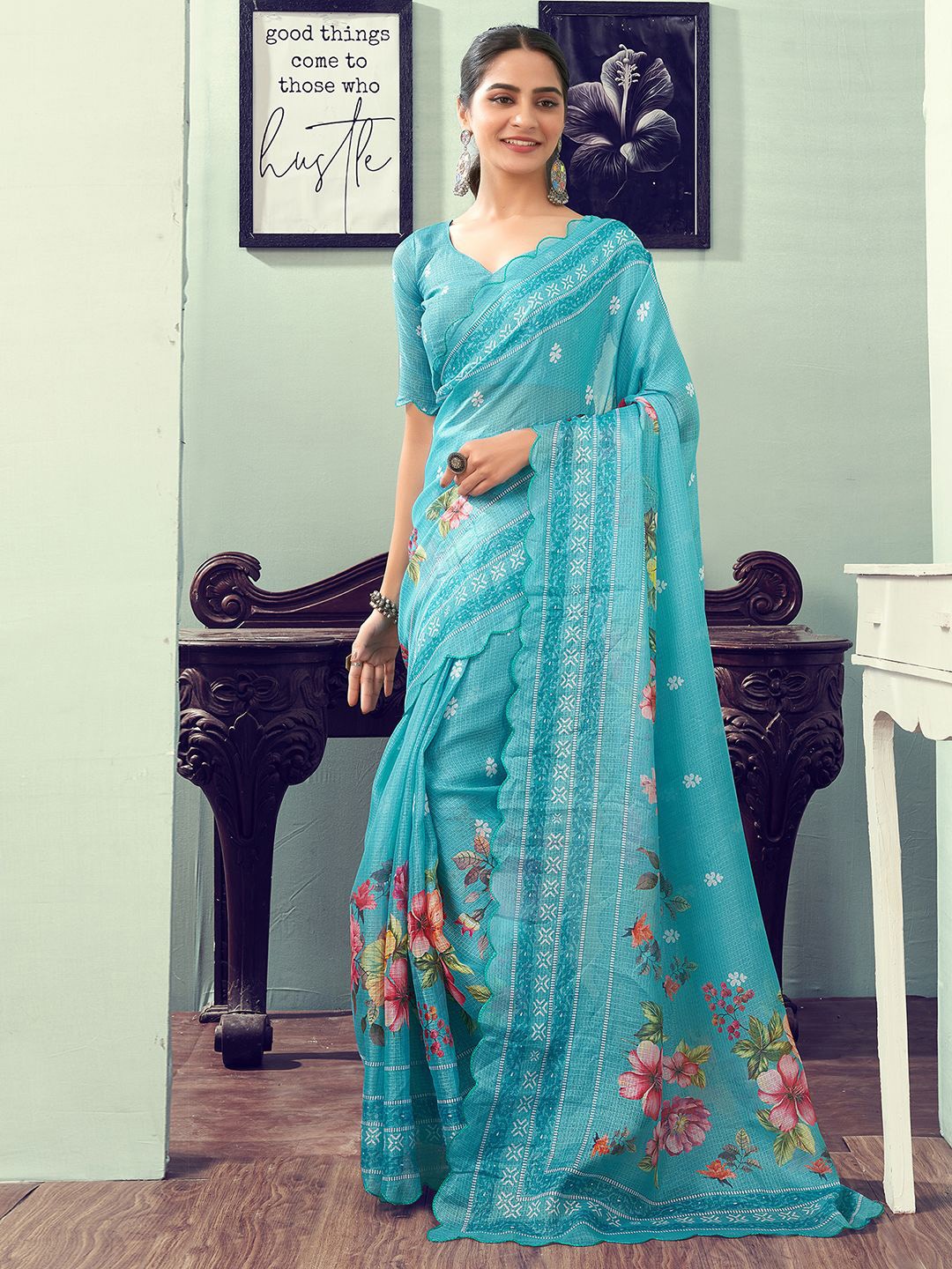 

all about you Floral Ready to Wear Saree, Turquoise blue