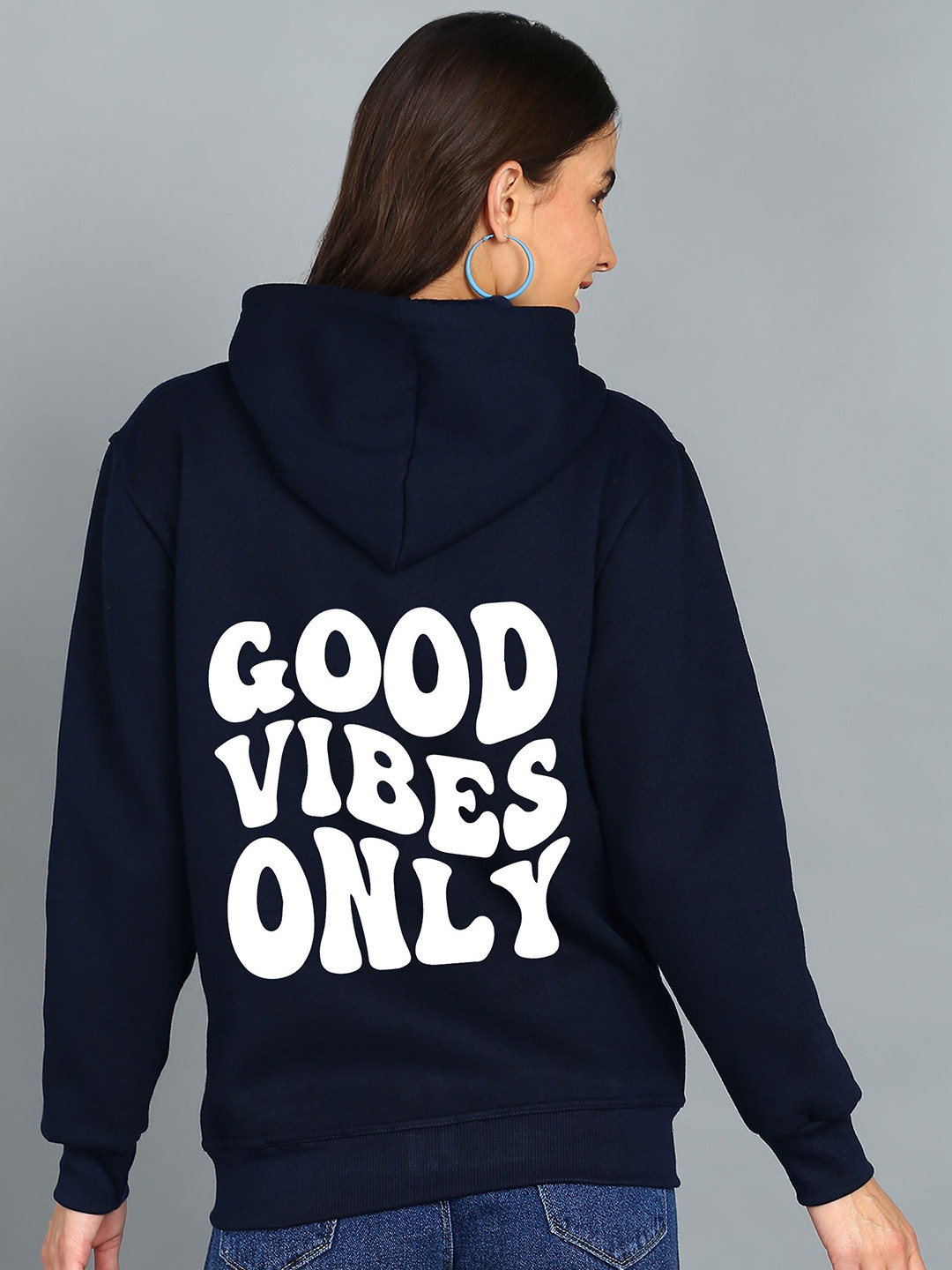 

FALTU.CO Women Typography Printed Hooded Ribbed Cotton Sweatshirt, Navy blue