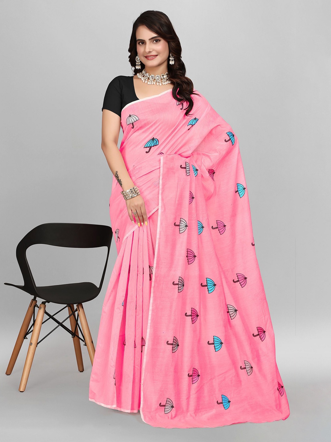 

Aika Abstract Embroidered Pure Cotton Chanderi Ready to Wear Saree, Pink