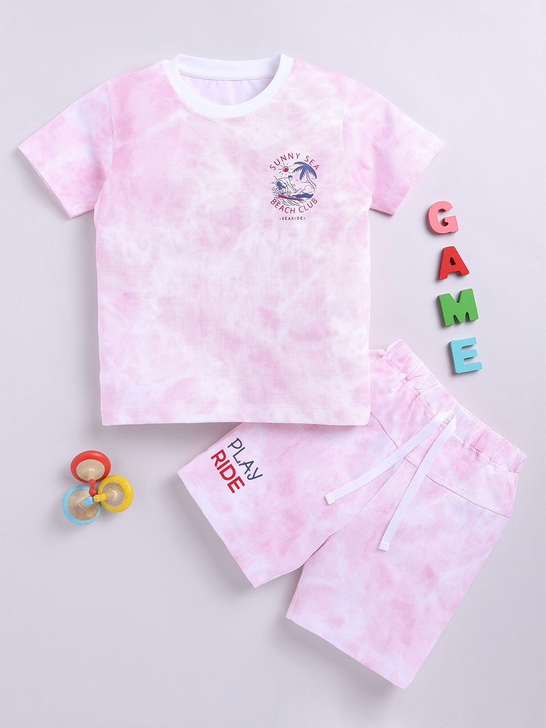 

LITTLE NINJA Boys Abstract Printed Round Neck Pure Cotton T-shirt with Shorts, Pink