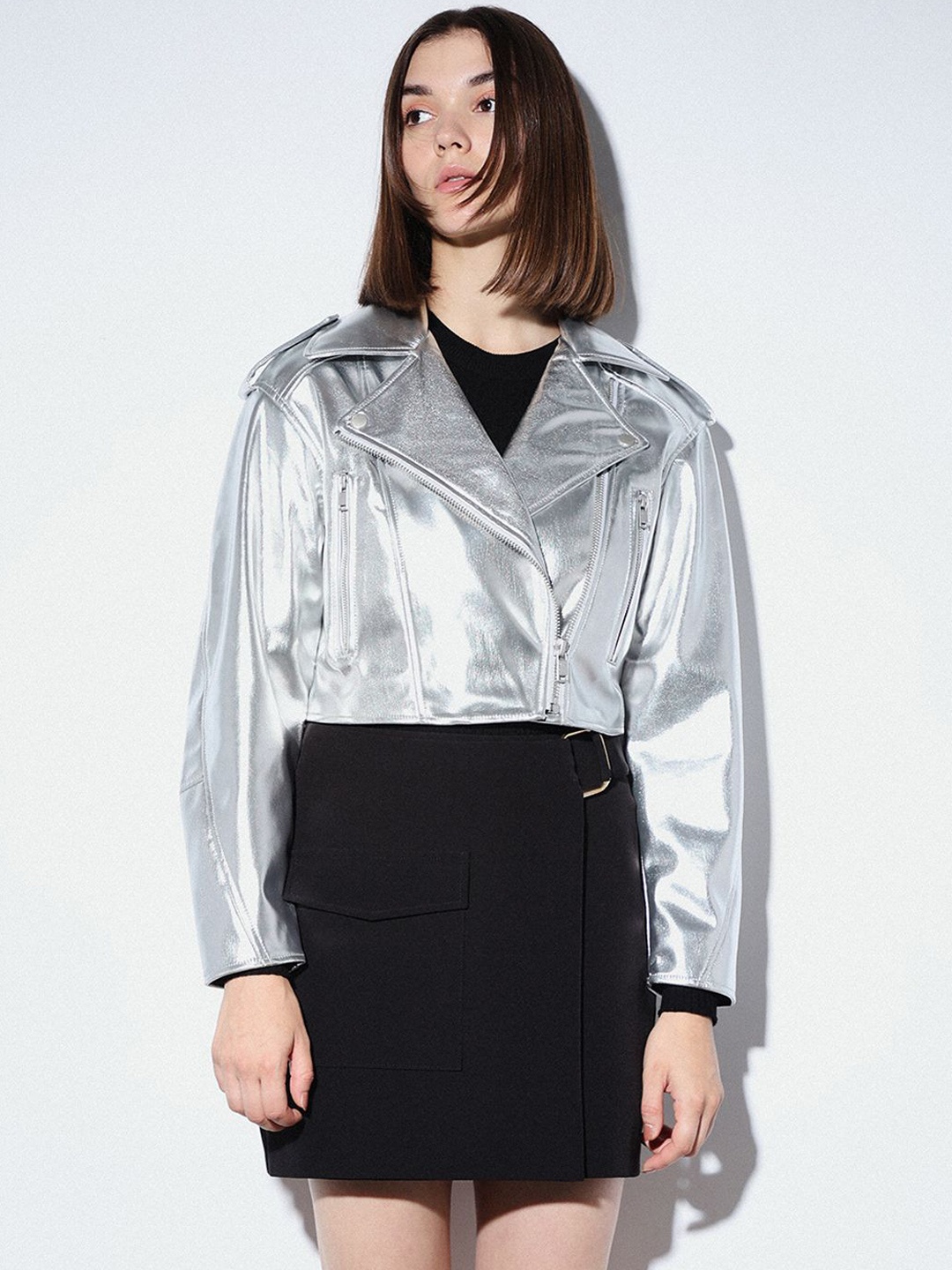 

ONLY Women Solid Crop Biker Jacket, Grey