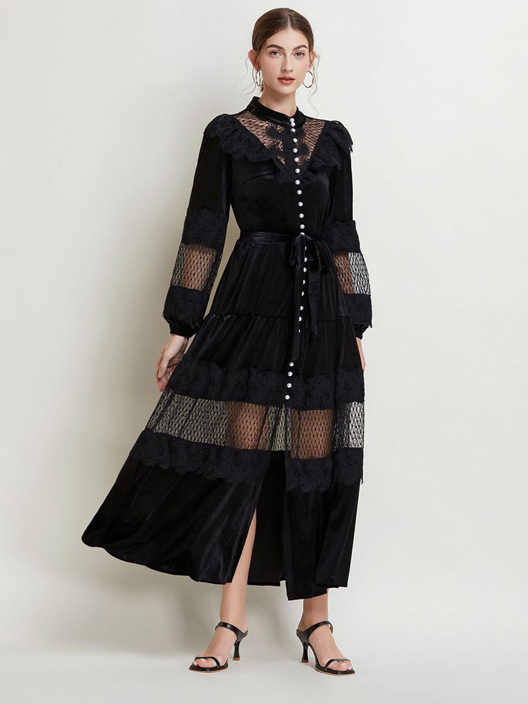 

JC Collection Mandarin Collar Fit and Flare Midi Dress, Black