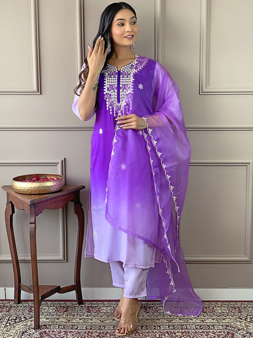 

ZIBLON Women Ethnic Motifs Embroidered Regular Mirror Work Kurta with Trousers & With Dupatta, Purple