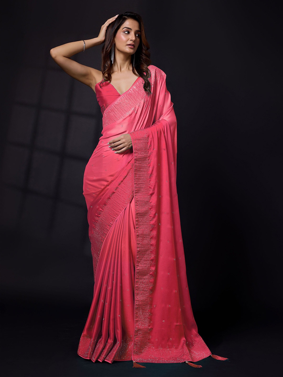 

Trendmalls Beads and Stones Saree, Red