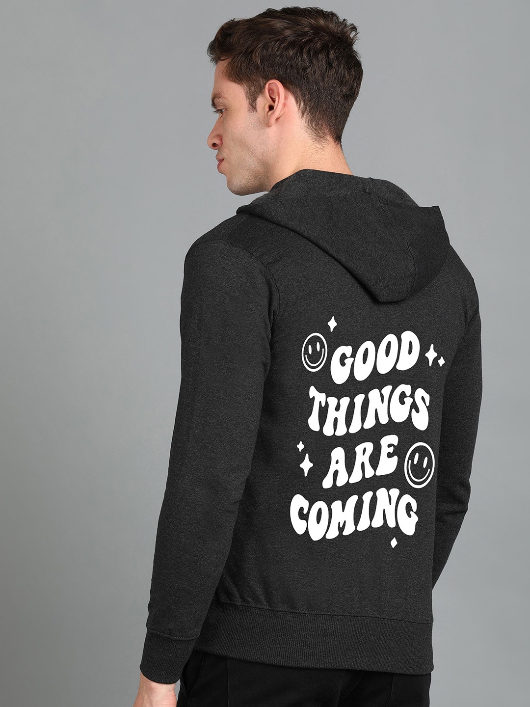 

FALTU.CO Men Printed Zip Detail Hooded Cotton Sweatshirt, Charcoal