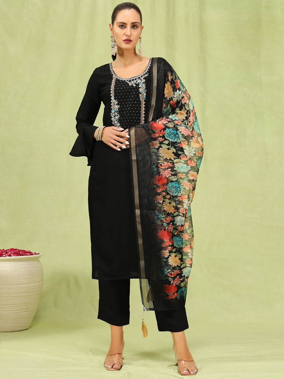 

VredeVogel Floral Embroidered Thread Work Bell Sleeves Kurta with Trousers & Dupatta, Black