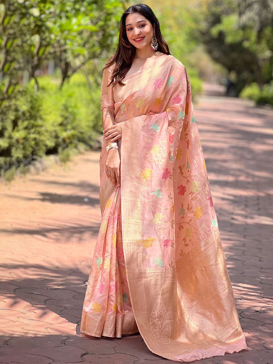

Mitera Floral Organza Zari Woven Saree, Pink