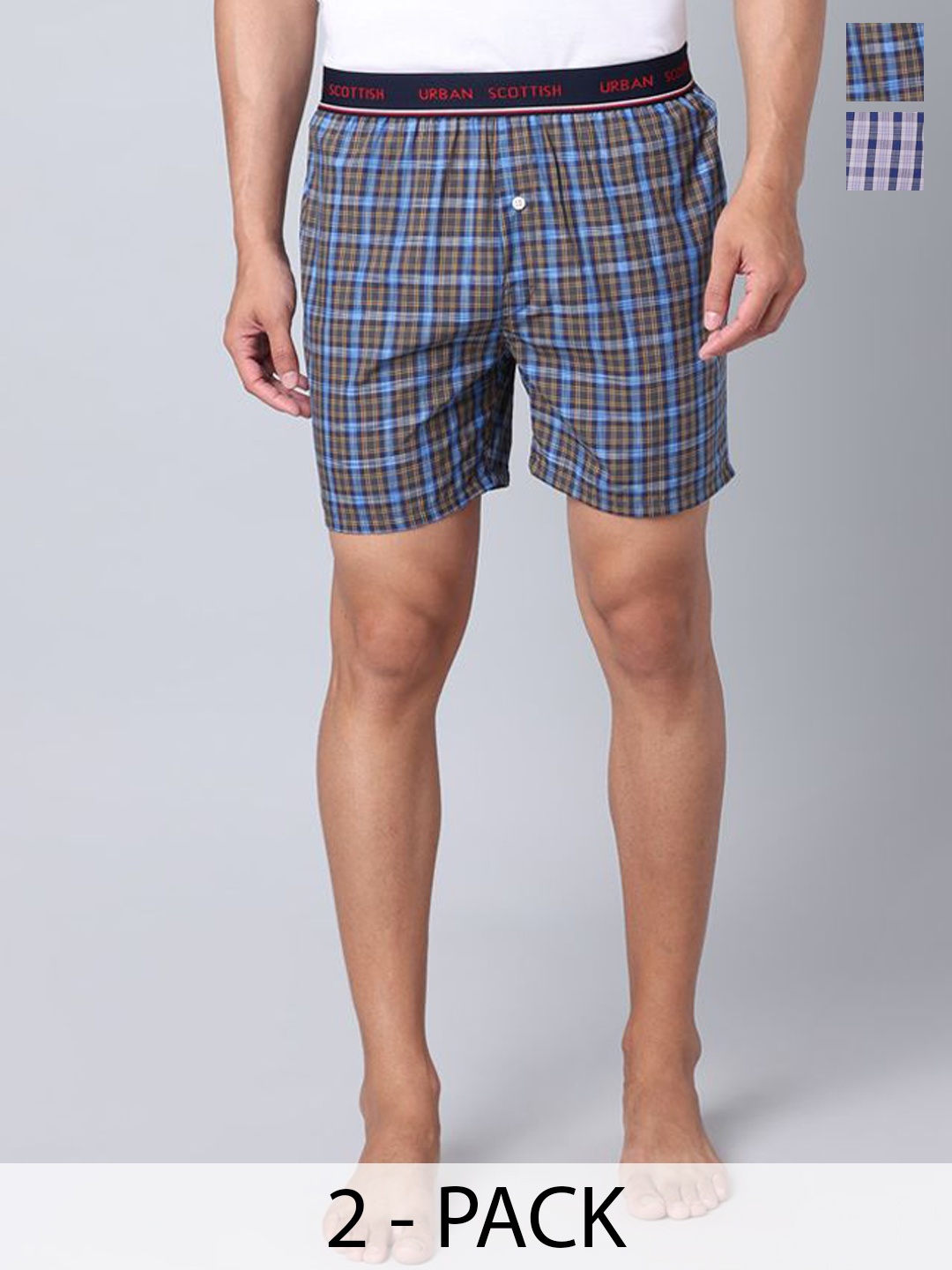 

URBAN SCOTTISH Men Pack Of 2 Checked Cotton BoxersUSBS4245, Blue