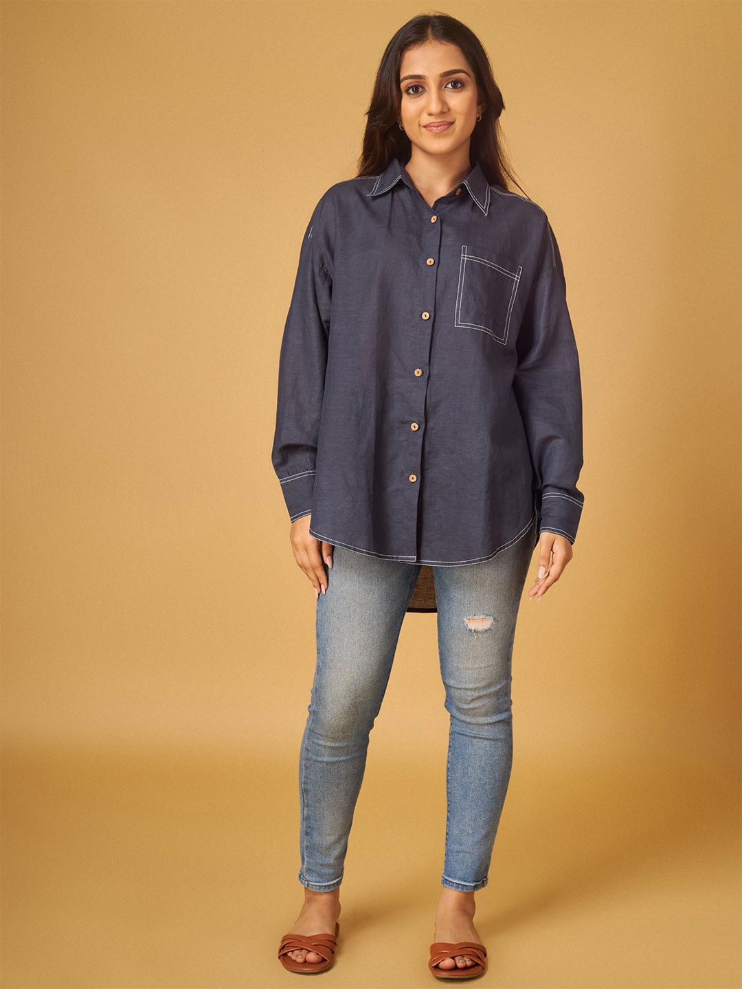 

Maisolos Women Spread Collar Solid Cotton Linen Relaxed Fit Casual Shirt, Blue