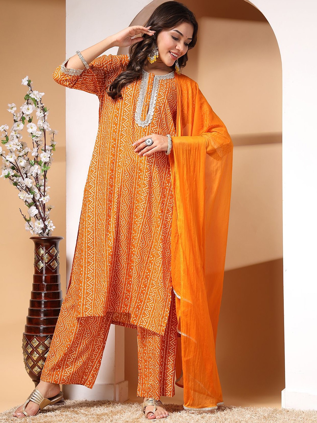 

House Of Zelena Bandhani Printed Maternity Straight Kurta with Pyjama & Dupatta, Mustard