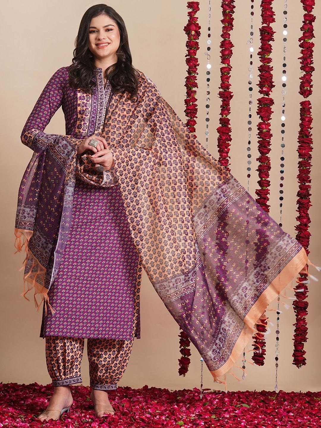 

Anni Designer Floral Printed Mandarin Collar Straight Kurta with Trouser & Dupatta, Purple