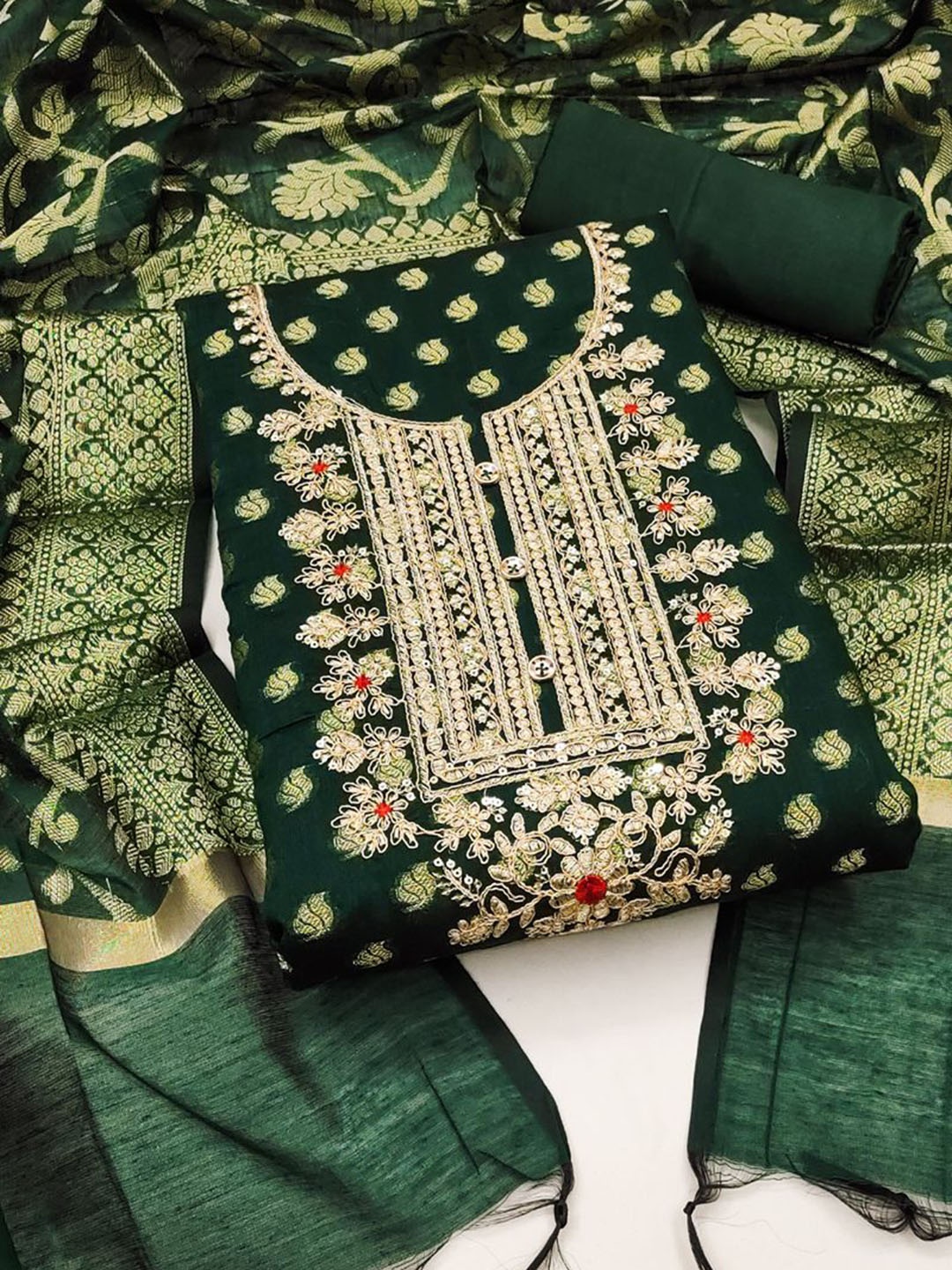 

ASISA Ethnic Motifs Embroidered Beads and Stones Unstitched Dress Material, Green