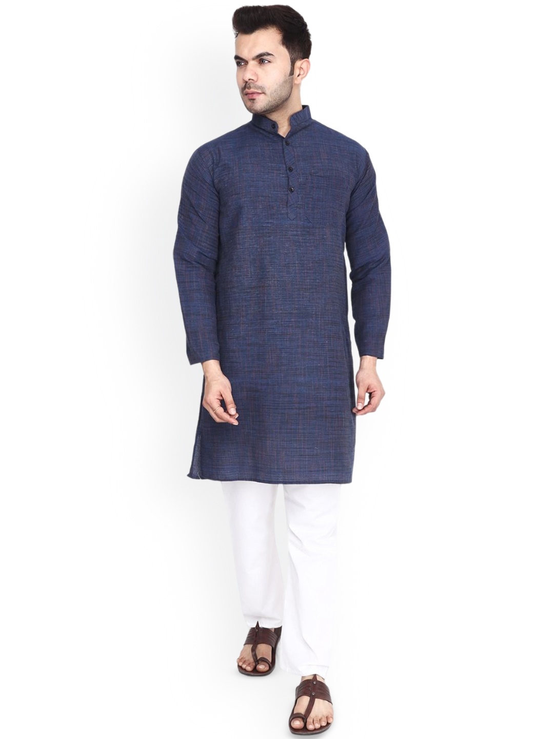 

Aaryavar Woven Band Collar Long Sleeves Khadi Straight Kurta, Navy blue