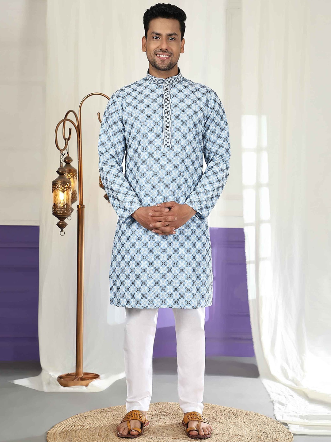 

Pro-Ethic STYLE DEVELOPER Geometric Embroidered Sequinned Pure Cotton Kurta & Pyjamas, Blue