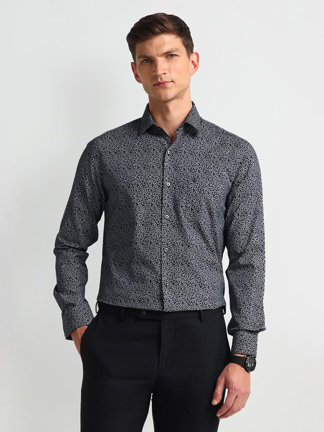 

Arrow Men Modern Spread Collar Abstract Printed Cotton Slim Fit Formal Shirt, Grey