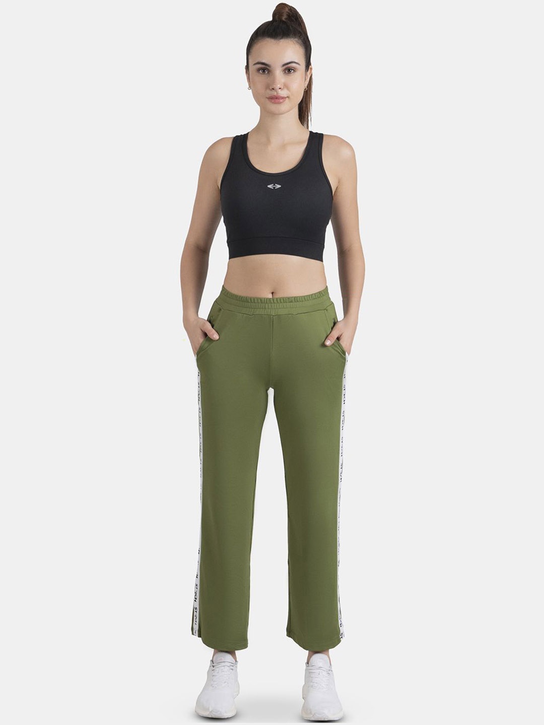 

STRCH Women Mid Rise Track Pant With Side Strip, Olive