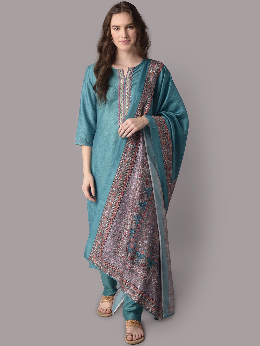 

Shree Floral Printed Regular Thread Work Liva Kurta With Trousers & Dupatta, Turquoise blue