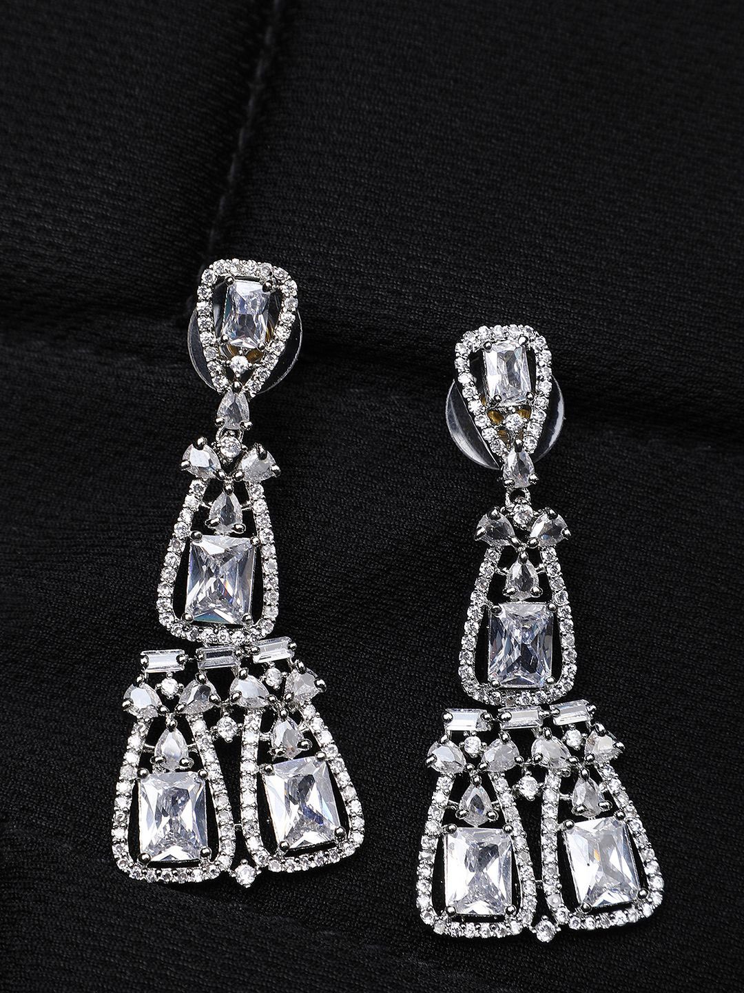 

ANIKAS CREATION Silver-Plated American Diamond Contemporary Drop Earrings, White