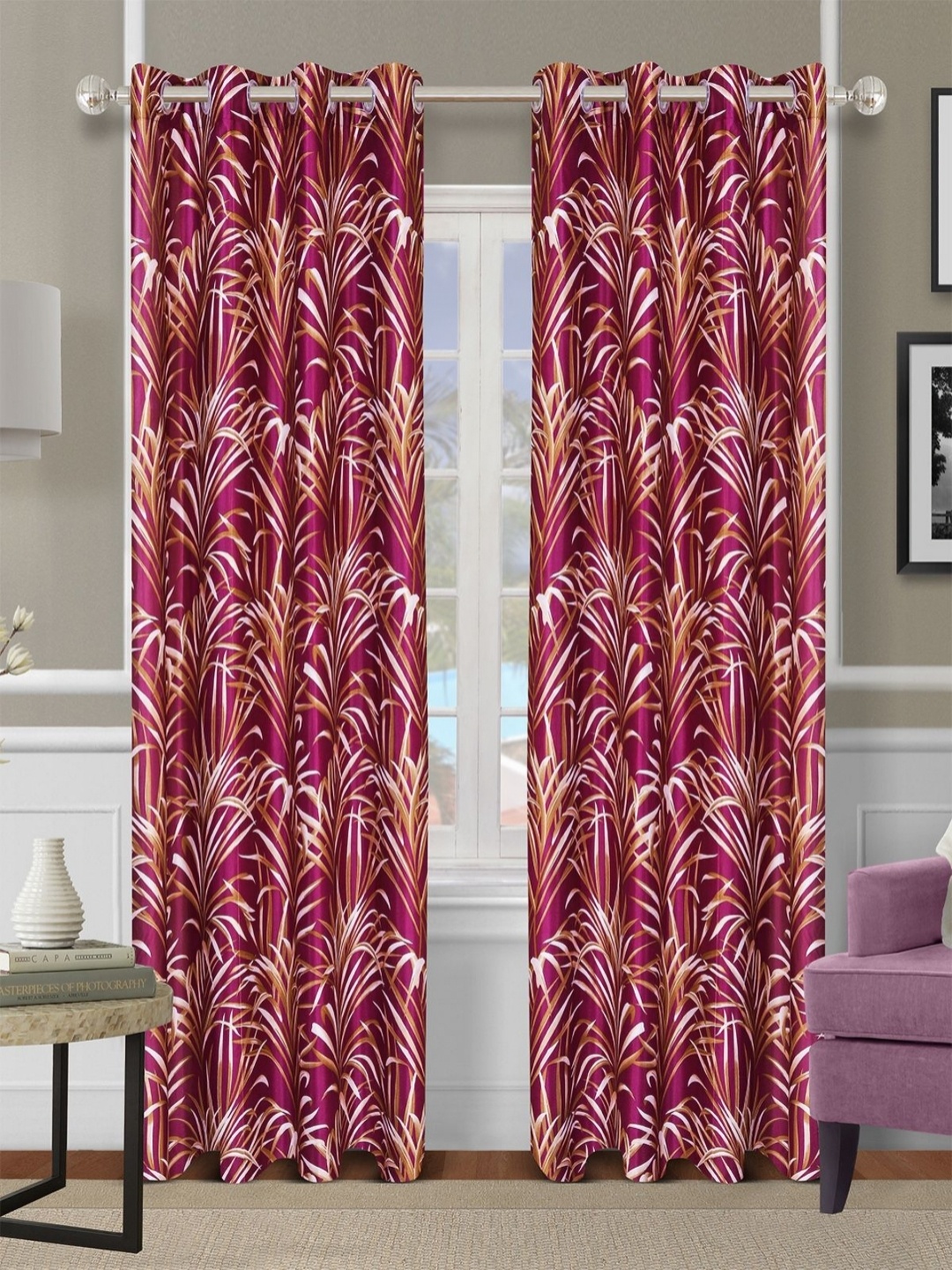 

ROMEE Maroon & Brown 2 Pieces Floral Printed Room Darkening Door Curtain