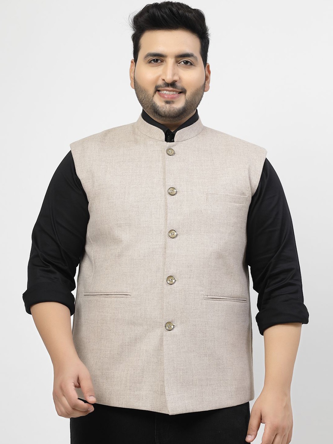 

plusS Mandarin Collar Woven Nehru Jacket, Beige