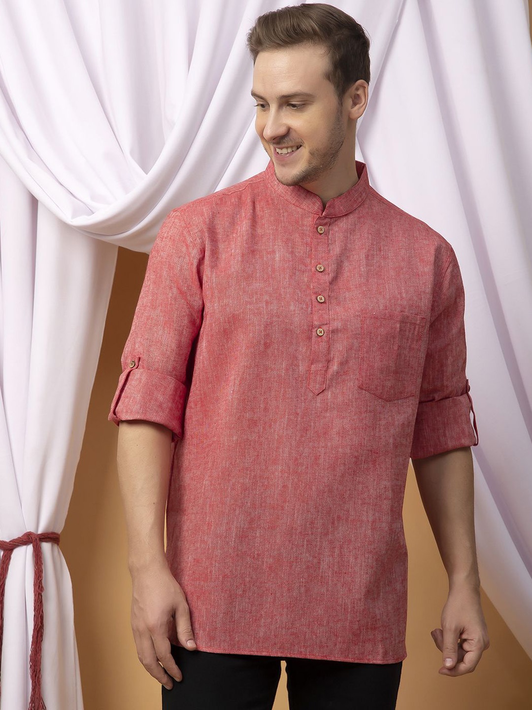 

Hangup Mandarin Collar Linen Straight Kurta, Red