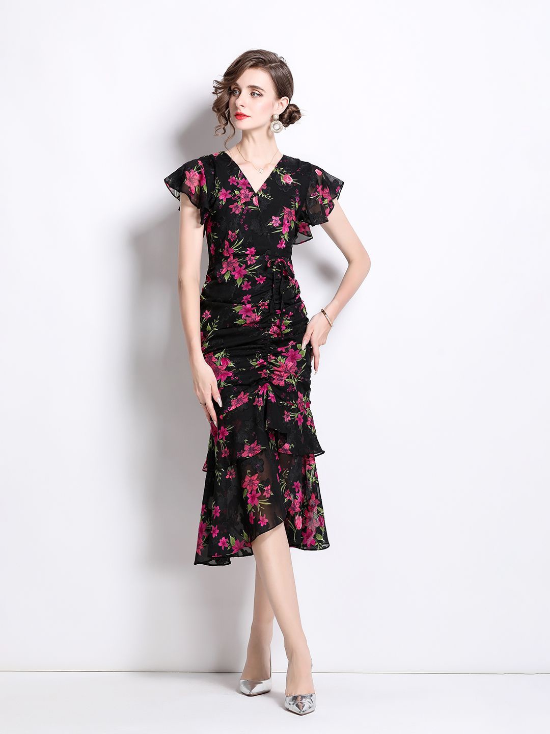 

JC Collection V-Neck Floral Print Flutter Sleeve Midi Dress, Black