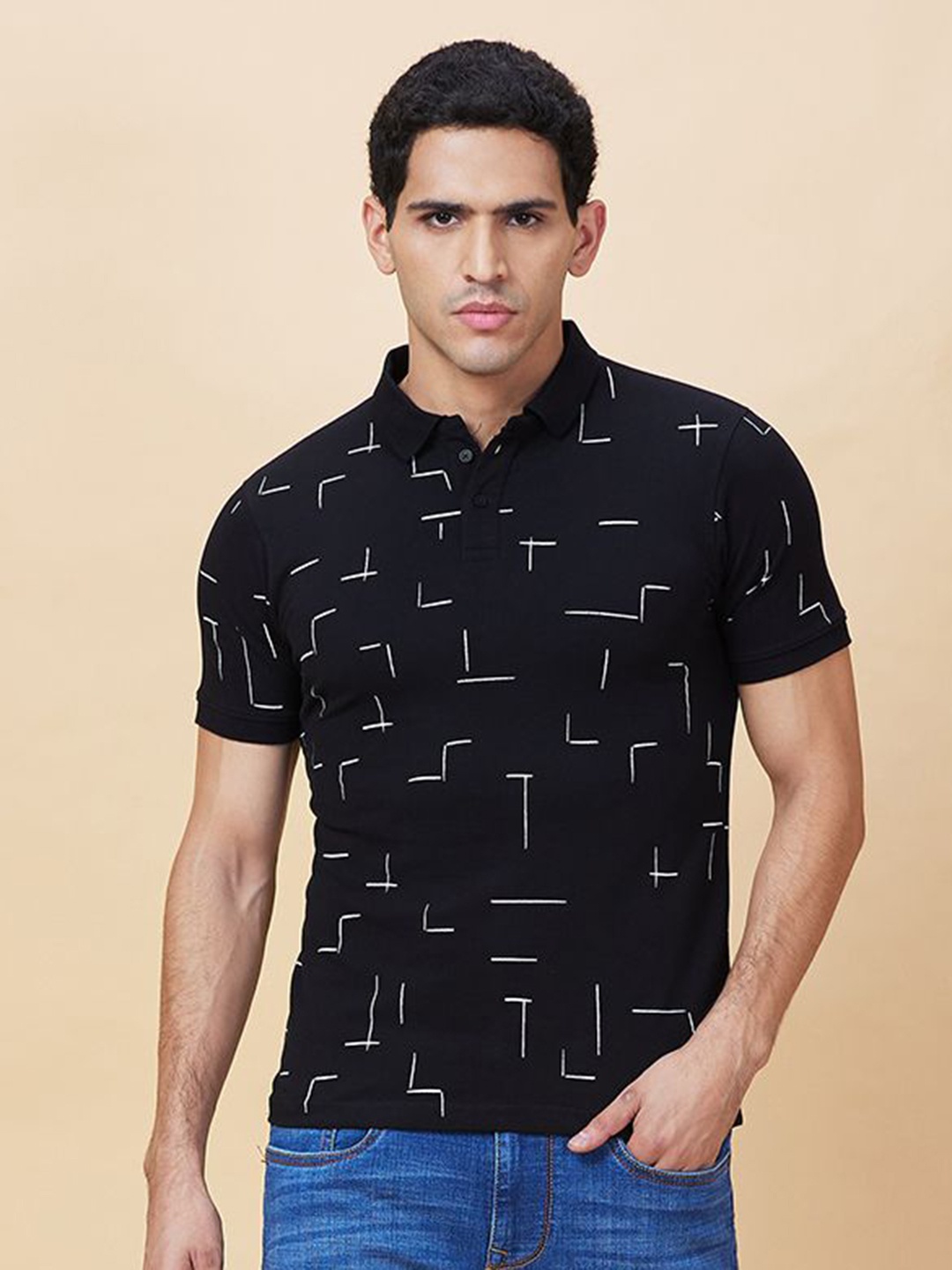 

Being Human Men Geometric Printed Polo Collar Cotton T-shirt, Black