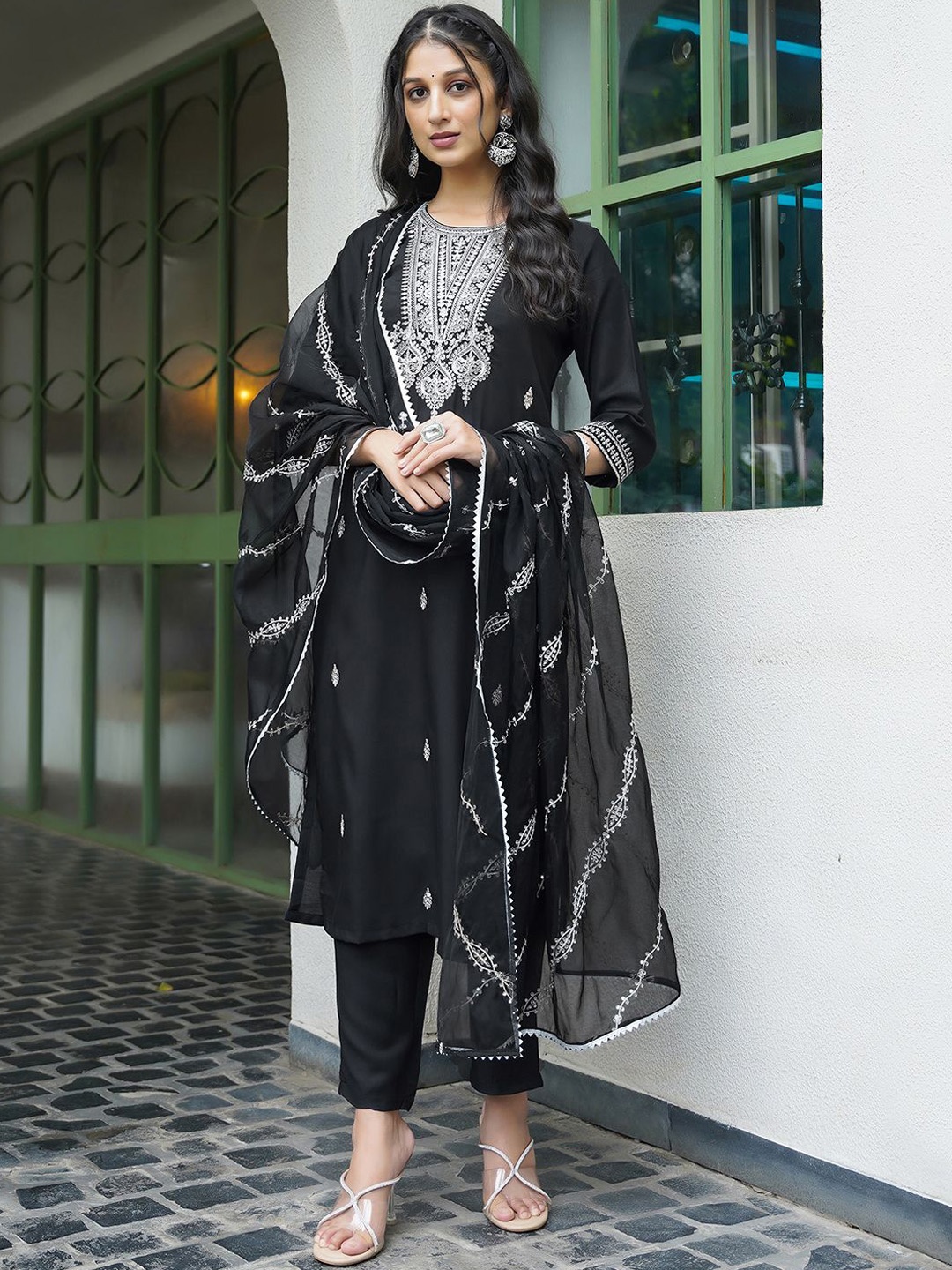 

KALINI Floral Embroidered Sequinned Straight Kurta with Trousers & Dupatta, Black