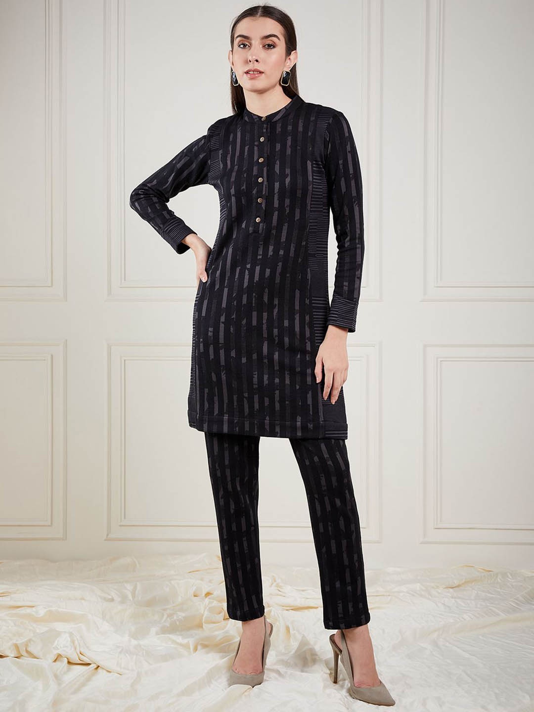 

STADO Woven Design Band Collar Tunic with Trousers, Black