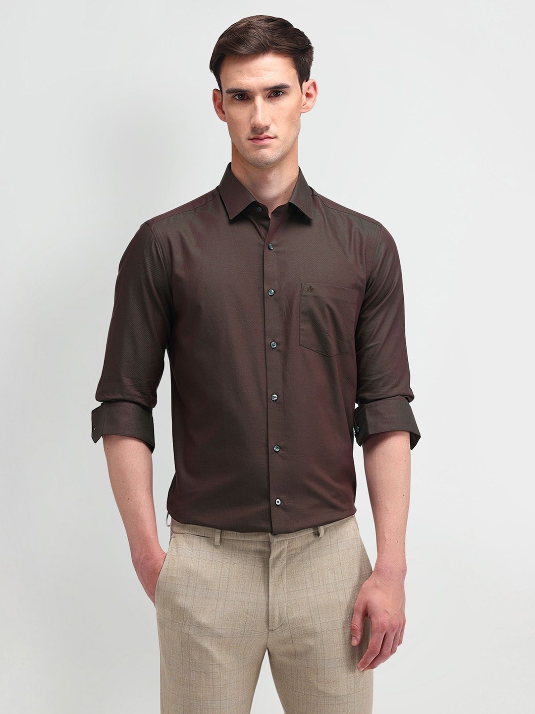 

Arrow Men Modern Spread Collar Solid Cotton Slim Fit Formal Shirt, Brown