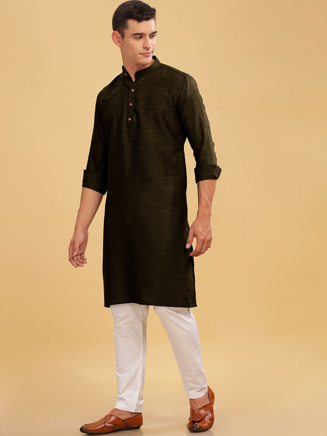 

Anouk Green Band Collar Linen Cotton Straight Kurta