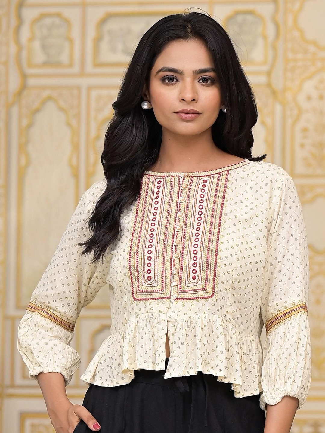 

Juniper Women Ethnic Motifs Printed Boat Neck Liva Top, Beige
