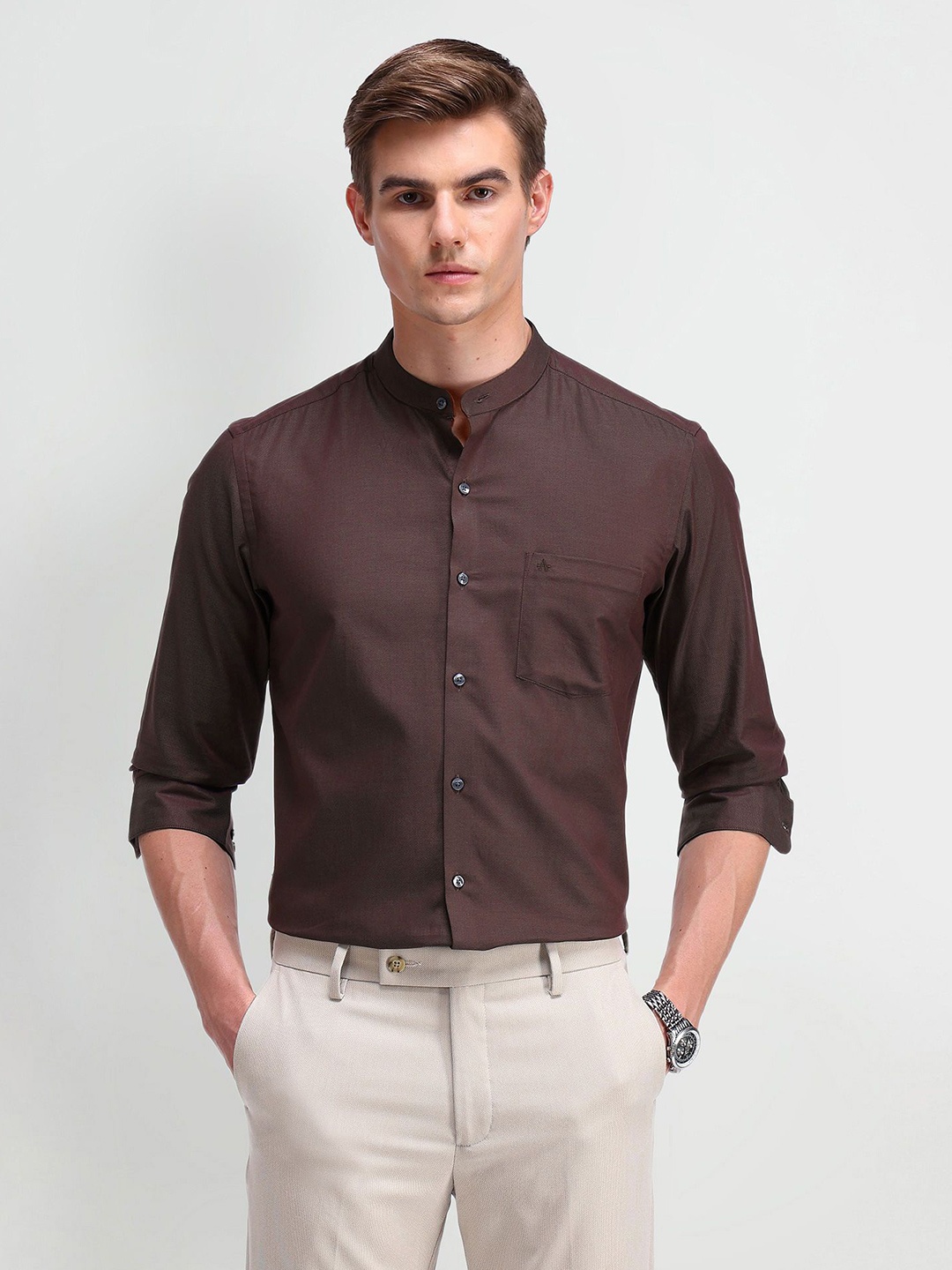 

Arrow Men Modern Band Collar Solid Cotton Slim Fit Casual Shirt, Brown