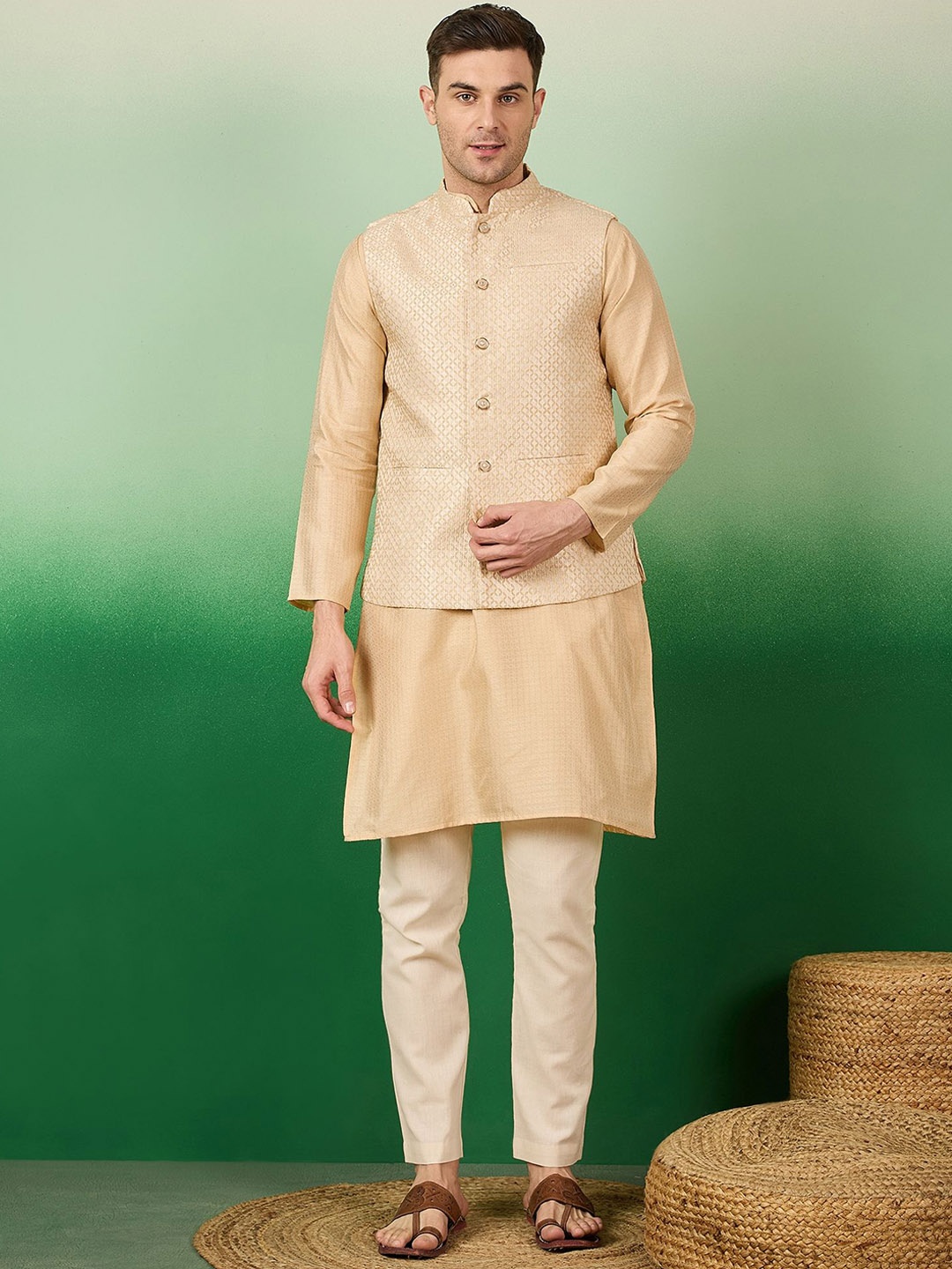 

Sangria Woven Design Zari Straight Kurta With Pyjama & Nehru Jacket, Beige